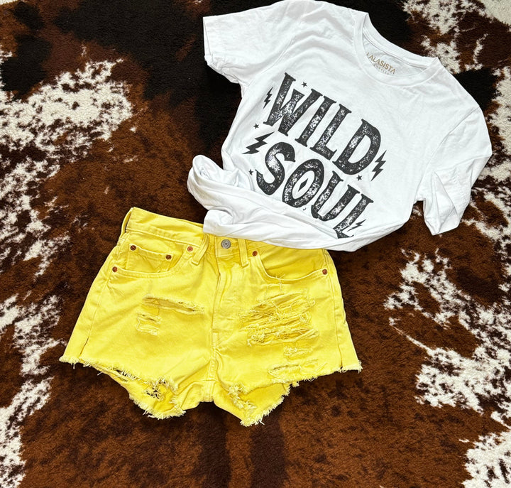 Yellow Rose Hand-Destroyed Denim Shorts